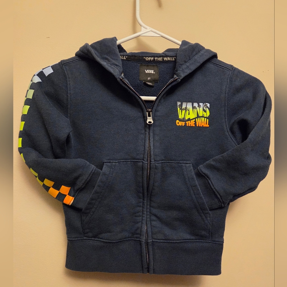 Vans Kids Palm Coaster Zip Up Hoodie in Navy with Vibrant Checkered Sleeve 2T